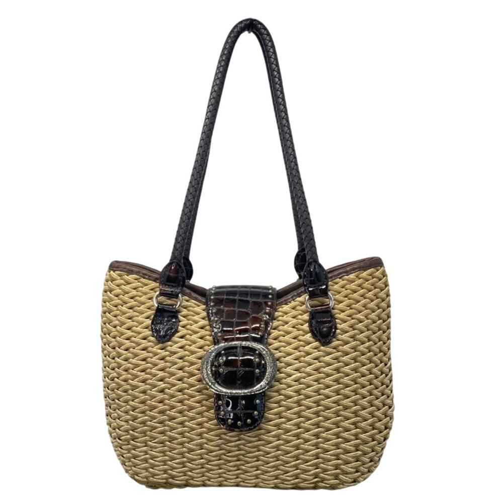 Brighton Straw Woven Braided Leather Straps Large Buckle Shoulder Bag Cottage